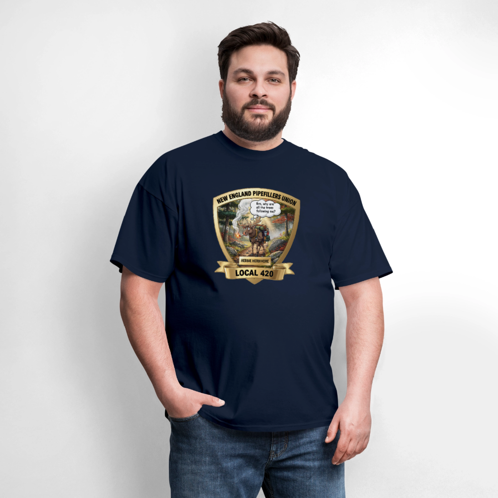 NEW ENGLAND PIPEFILLERS LOCAL 420 HERBIE HERBIVORE F/B EMBLEMS Men's T-Shirt - navy