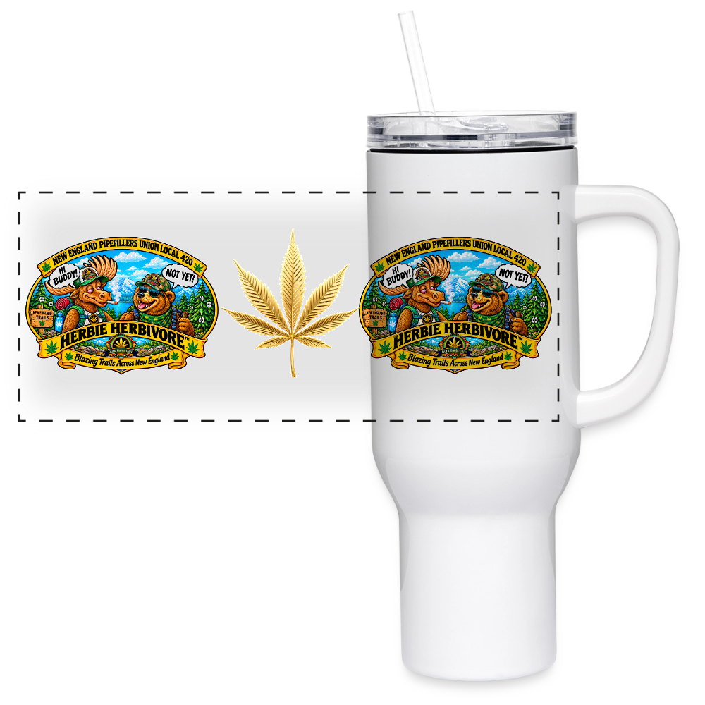 HERBIE HERBIVORE HI BUDDY NEW ENGLAND PIPEFILLERS UNION LOCAL 420  40 oz Stainless Steel Travel Tumbler - white