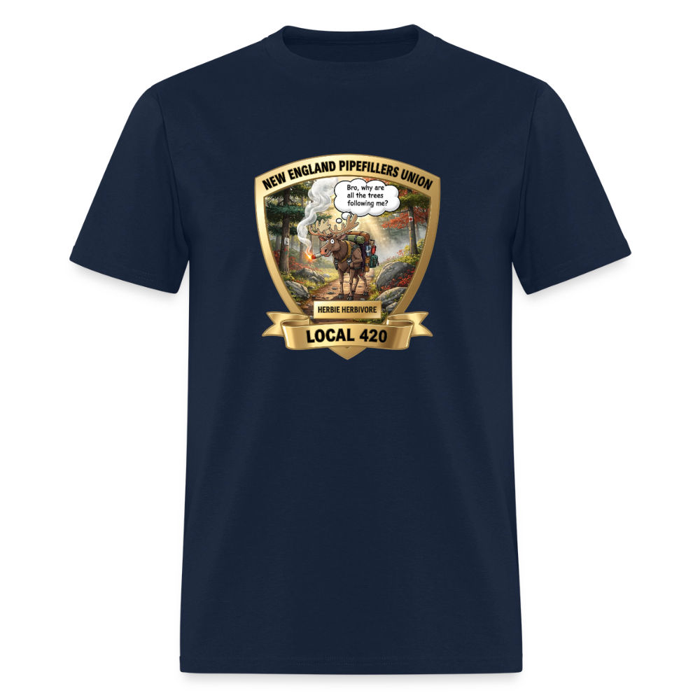 NEW ENGLAND PIPEFILLERS LOCAL 420 HERBIE HERBIVORE F/B EMBLEMS Men's T-Shirt - navy