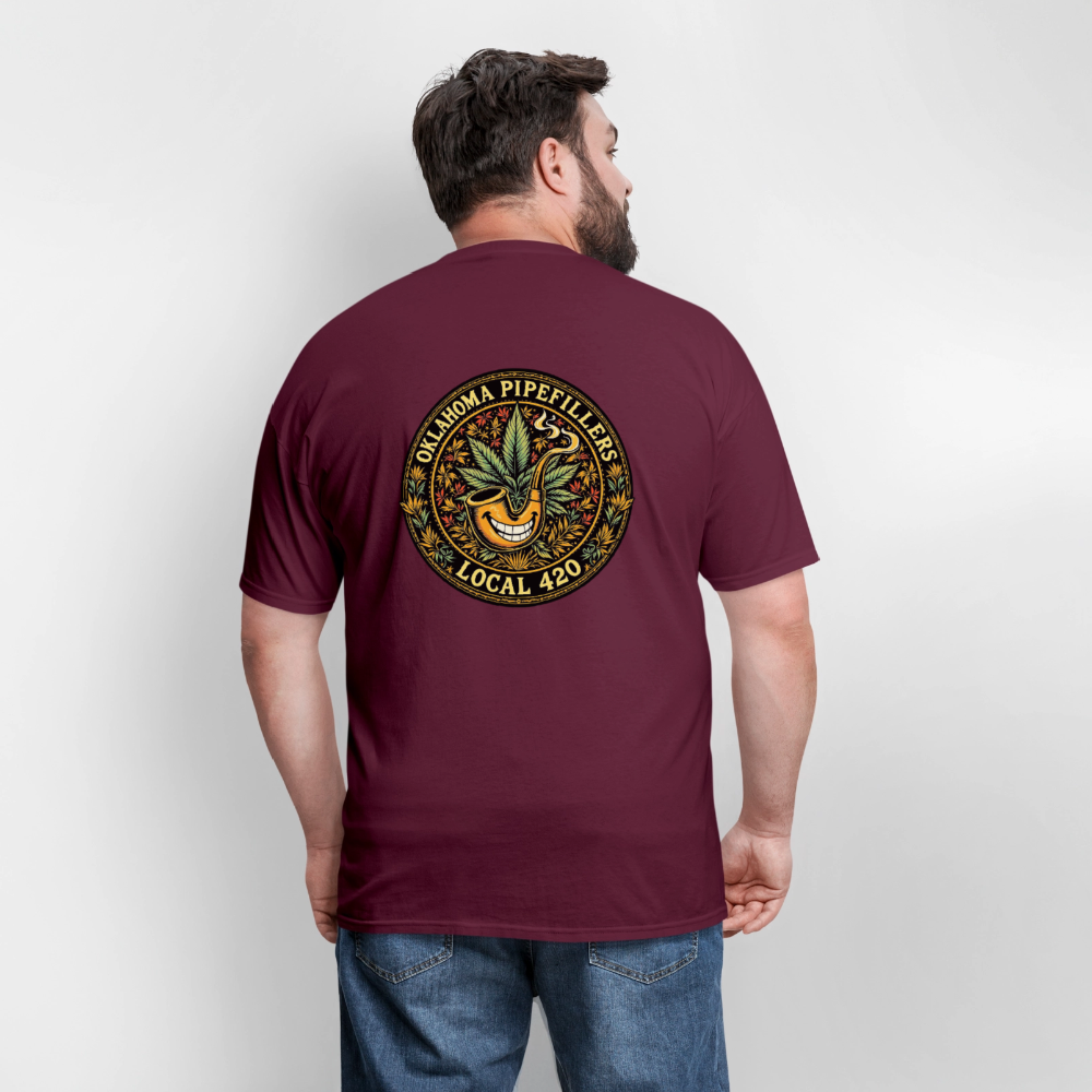 OKLAHOMA PIPEFILLERS LOCAL 420  F/B DESIGNS Men's T-Shirt - burgundy
