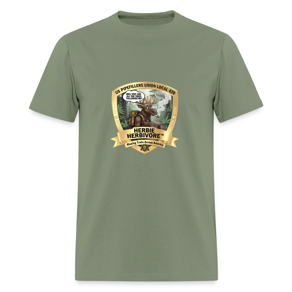 US PIPEFILLERS UNION LOCAL 420 RRO, "HERBIE HERBIVORE" Soft Cotton Tee - military green