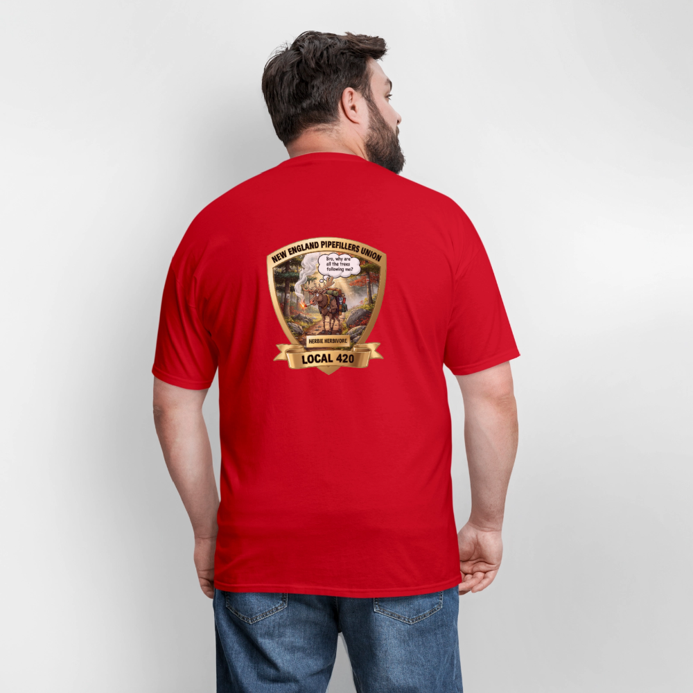 NEW ENGLAND PIPEFILLERS LOCAL 420 HERBIE HERBIVORE F/B EMBLEMS Men's T-Shirt - red
