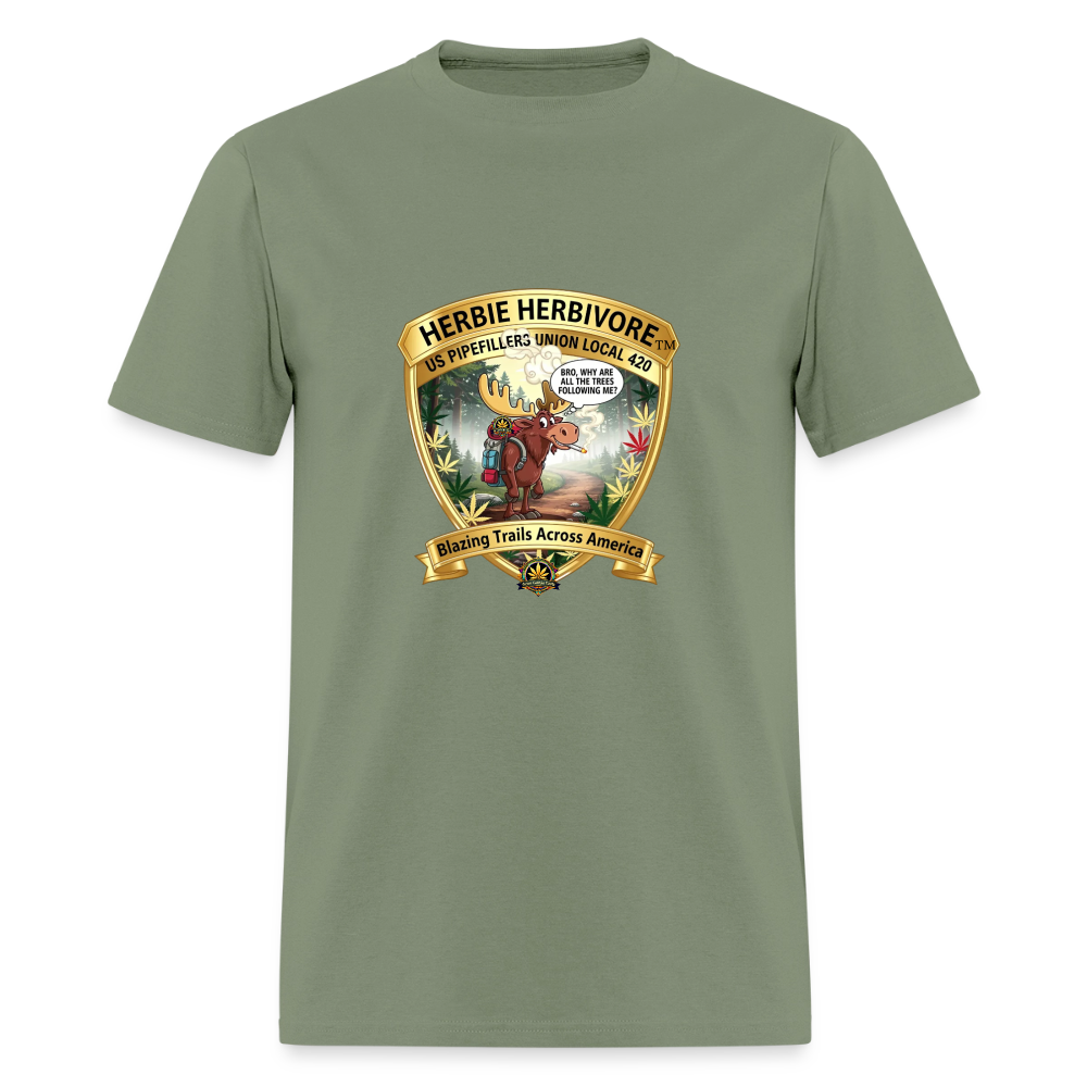 US PIPEFILLERS UNION LOCAL 420 RRO, "HERBIE HERBIVORE" Soft Cotton Tee - military green