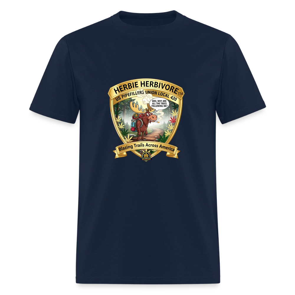 US PIPEFILLERS UNION LOCAL 420 RRO, "HERBIE HERBIVORE" Soft Cotton Tee - navy