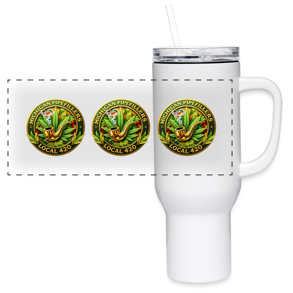 MICHIGAN PIPEFILLERS LOCAL 420 40oz Stainless Steel Travel Mug - white