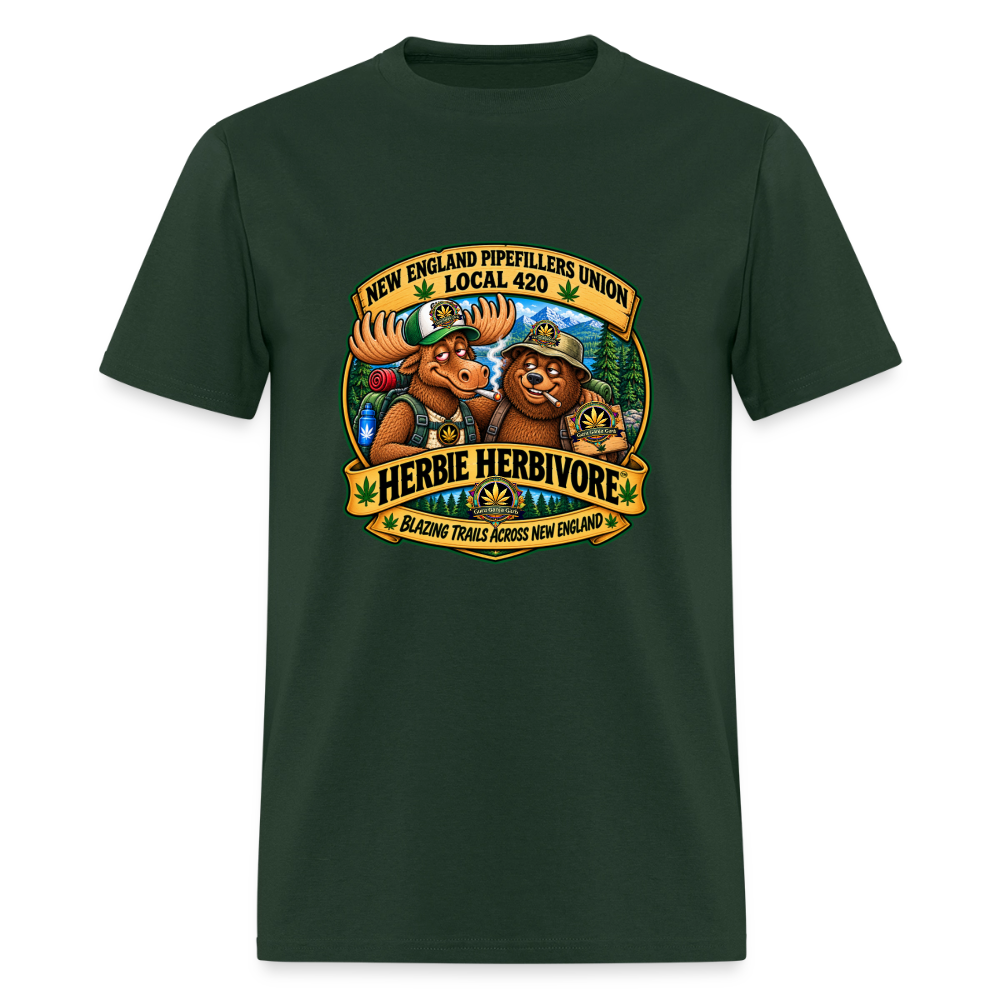 HERBIE HURBIVORE and BUDDY NEW ENGLAND PIPEFILLERS UNION LOCAL 420 Cotton Men's Tee - forest green