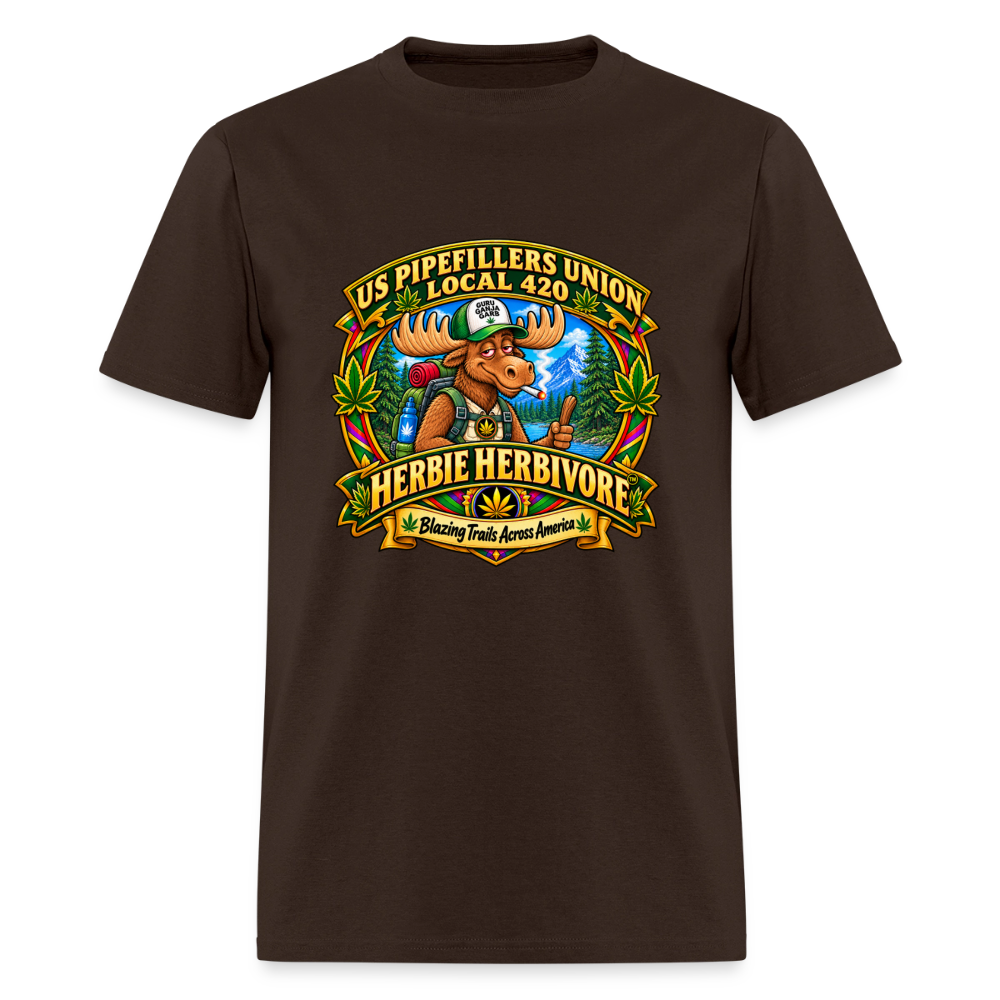US PIPEFILLERS UNION LOCAL 420 RRO, "HERBIE HERBIVORE TM" Soft Cotton Tee - brown