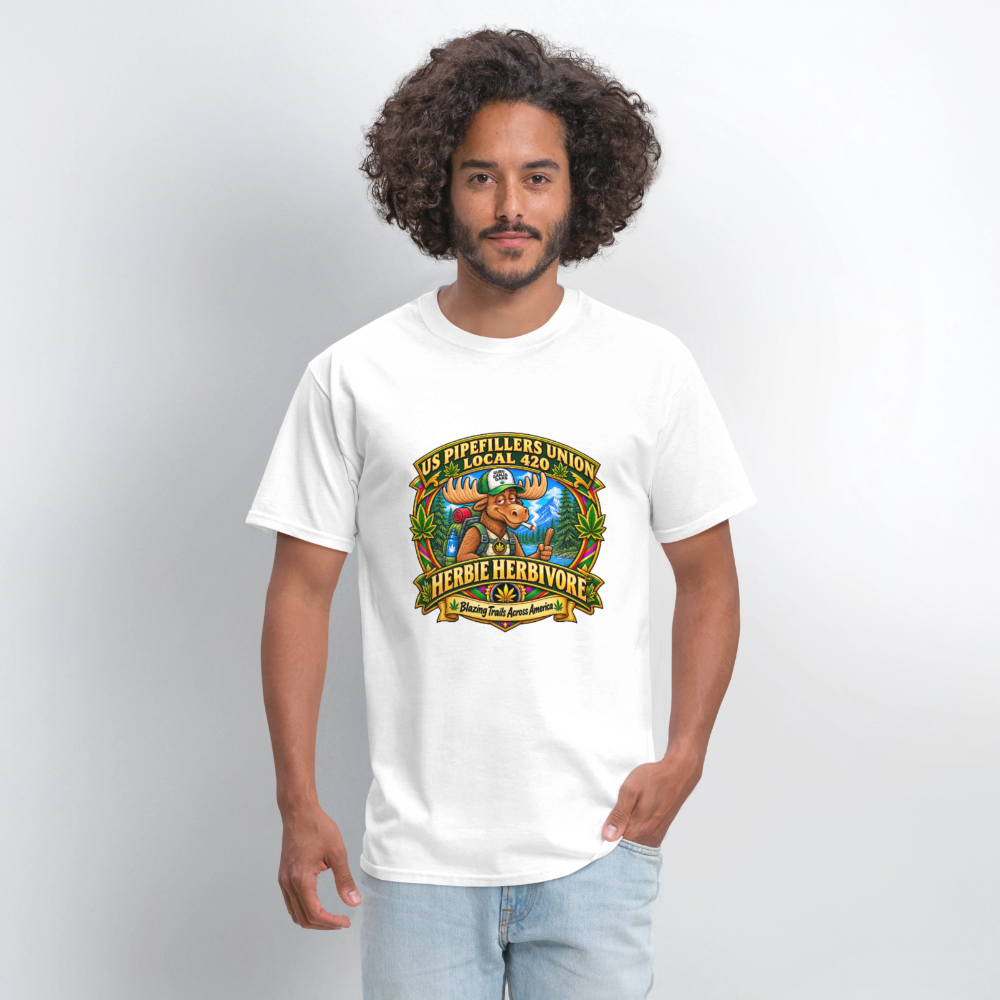 US PIPEFILLERS UNION LOCAL 420 RRO, "HERBIE HERBIVORE TM" Soft Cotton T-Shirt - white