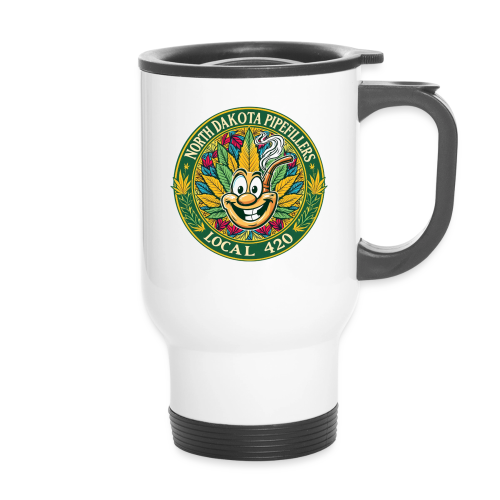 NORTH DAKOTA PIPEFILLERS LOCAL 420 14oz Stainless Steel Travel Mug - white
