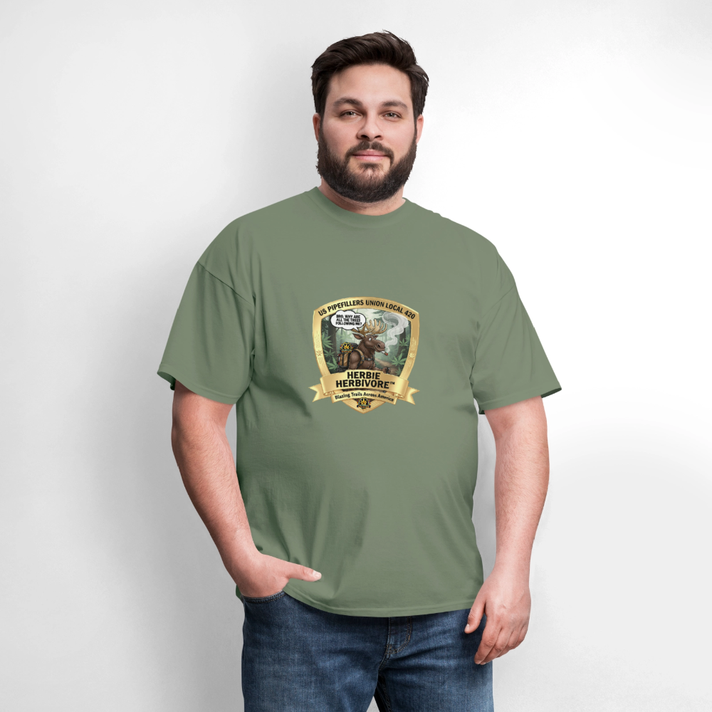 US PIPEFILLERS UNION LOCAL 420 RRO, "HERBIE HERBIVORE" Soft Cotton Tee - military green