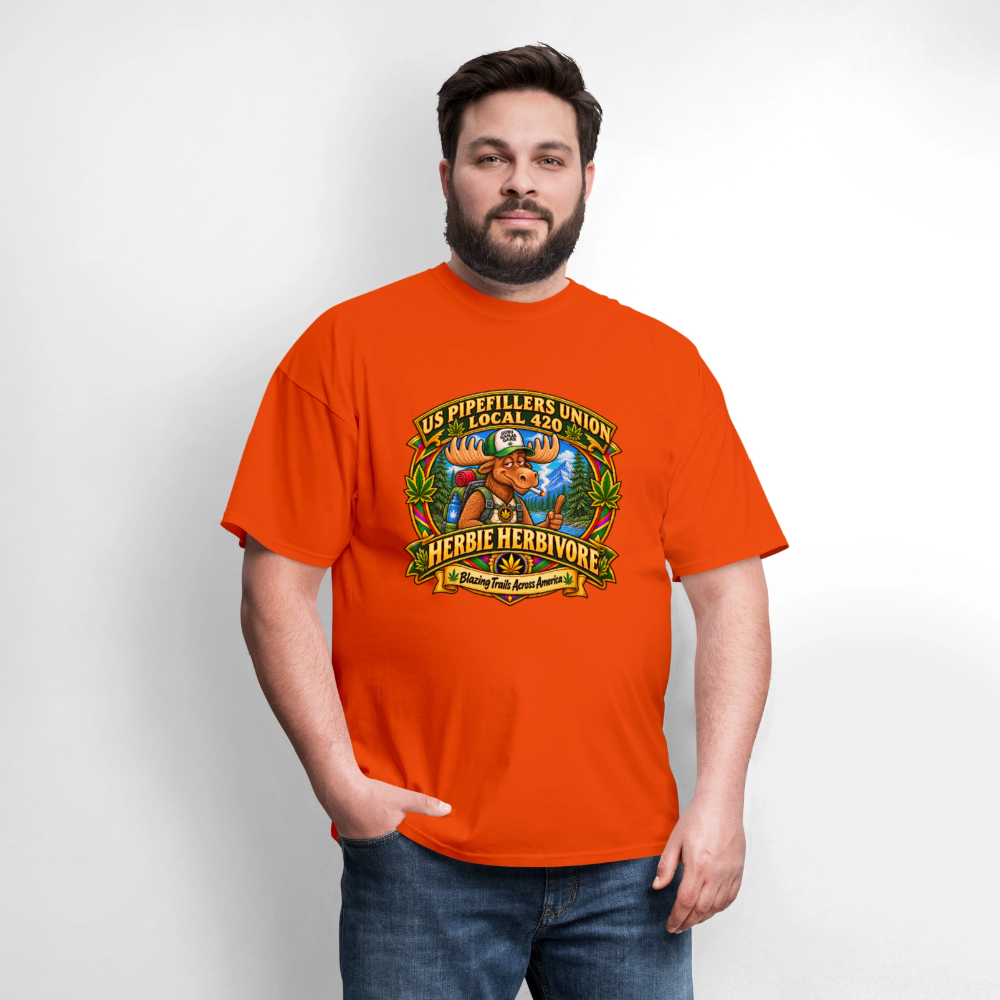 US PIPEFILLERS UNION LOCAL 420 RRO, "HERBIE HERBIVORE TM" Soft Cotton Tee - orange