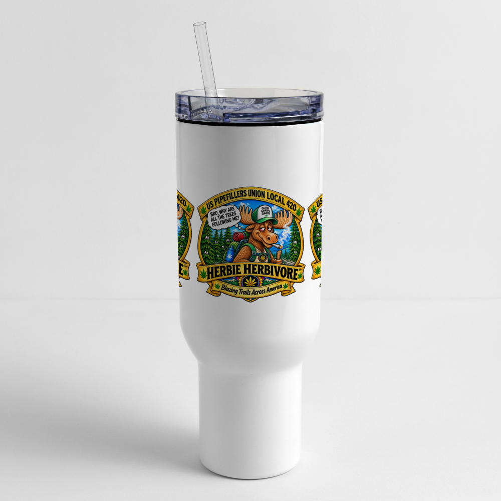 US PIPEFILLERS UNION LOCAL 420 HERBIE HERBIVORE BRO, 40 oz Stainless Steel Travel Tumbler - white