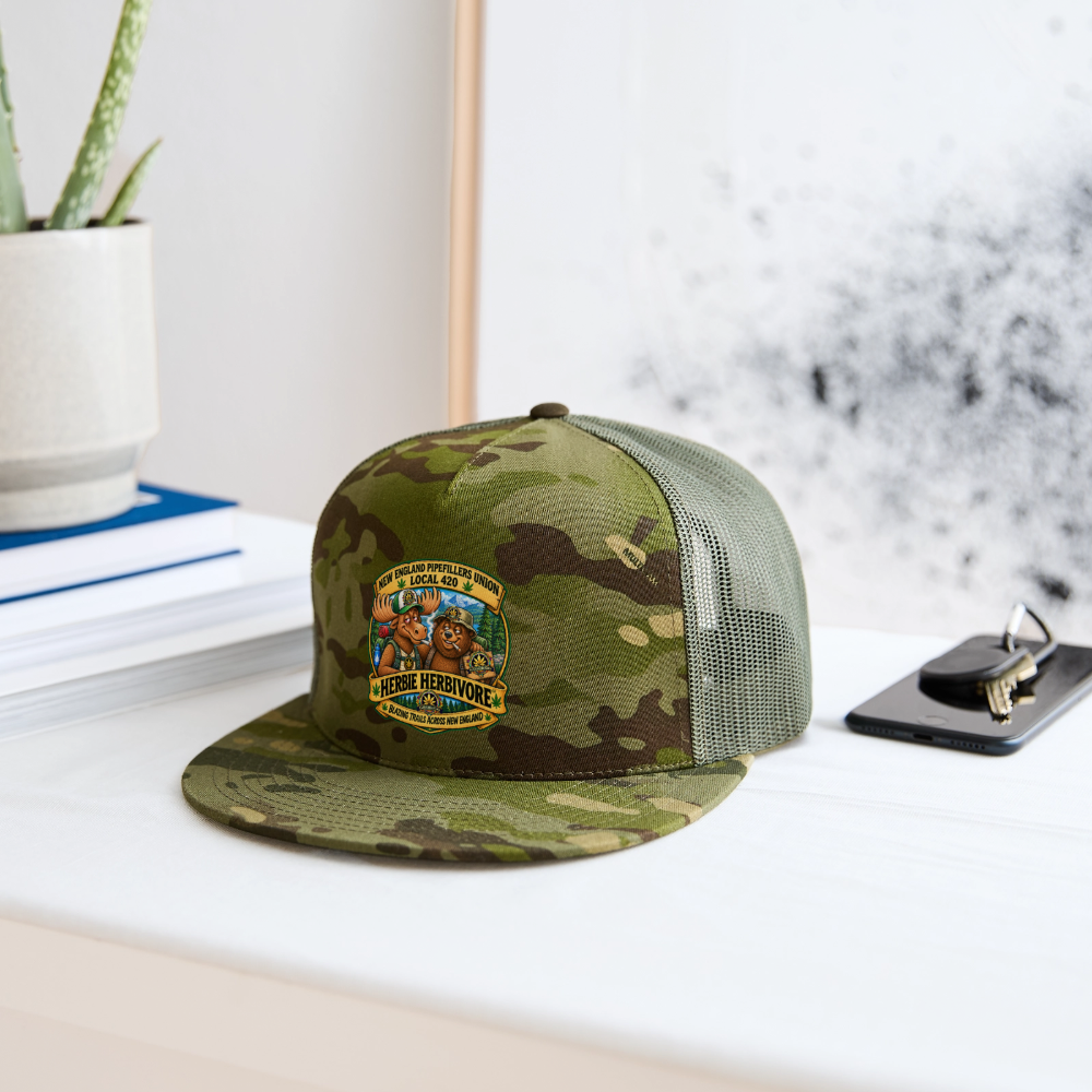 HERBIE HURBIVORE and BUDDY NEW ENGLAND PIPEFILLERS UNION LOCAL 420 CAMO Trucker Hat - MultiCam\green